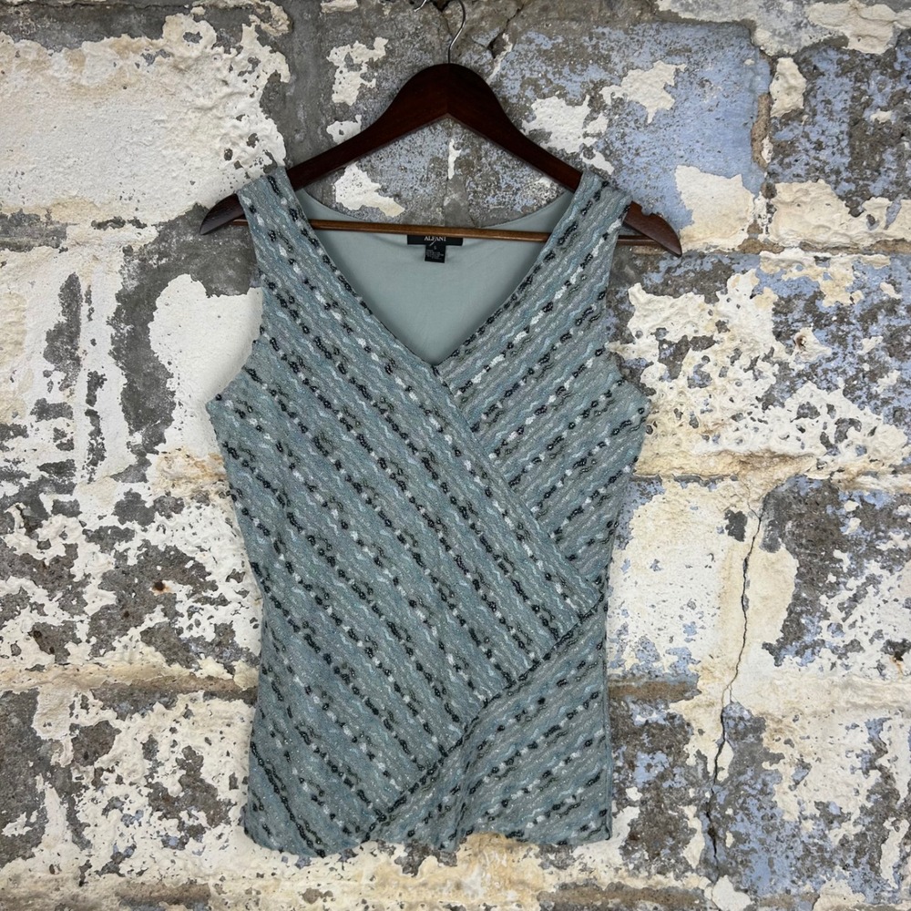 Alfani Wrap Front Top Sage Green Metallic Mesh Stripe Womens S